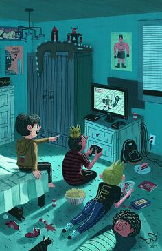 two children are playing video games in the bedroom while another child is watching them on television