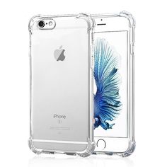 an iphone case that is clear and has a blue fish on the back of it