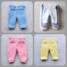 four knitted baby leggings are shown in three different colors and sizes, including pink, blue, yellow, and white