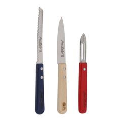 three different types of kitchen knives on a white background