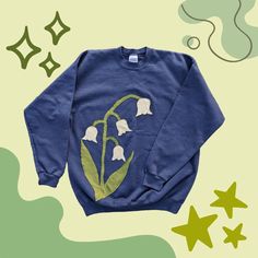 ⭐Available⭐$50- Lily of the Valley Navy Crewneck Size Large 🌷 Large Embroidery Patterns, Machine Embroidered Clothes, Cute Merch Ideas, Patchwork Diy Clothes, Sewing Projects Cute, Sewing Clothes Ideas, Diy Hoodie Design, Diy Clothing Ideas, Patchwork Clothes Diy