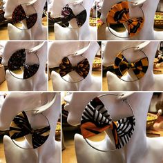 multiple pictures of different types of bow ties on mannequin headdresses