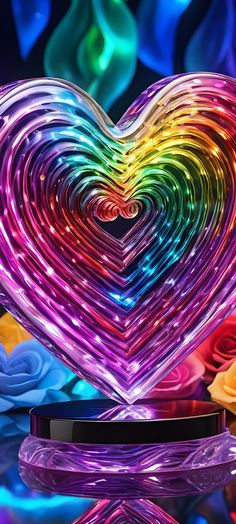 a multicolored heart shaped object sitting on top of a table next to roses