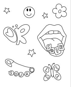 coloring pages for kids with the words and symbols in black and white, including lips, stars