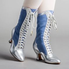 American Duchess: Star Princess Camille Edwardian Boots (Silver/Blue) Edwardian Boots, Star Princess, American Duchess, Embroidered Boots, Historical Design, Blue Boots, Princess Costume, Ice Princess, Calf Muscles