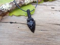 "Adjustable leather necklace with macrame Arrowhead Obsidian, unisex Root Chakra protective pendant. Black Obsidian is a natural volcanic glass formed from molten lava that cooled very rapidly. This Black Obsidian is tumbled, opaque dense (light cannot penetrate) with a very smooth and shiny finish. Black Obsidian is a grounding stone that provides an instant connection from the Root Chakra deep into the core of the Earth. Black Obsidian will help to clean and remove negative energies in a envir Core Of The Earth, Instant Connection, Awesome Crafts, Molten Lava, Anime Food, Protection Necklace, Leather Chokers, Black Obsidian, Root Chakra