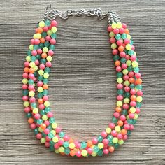 💞One of a kind & ready to ship💞  Dress up any outfit - great for a night out or with a white tee! 16 Inch Necklace with a 4 inch silver extender chain and silver lobster clasp. This is an eclectic necklace made from orange, yellow, green, and pink acrylic beads. A total conversion starter!  Thank you for supporting American small business! *Smoke and pet free home!* I ship 6 days a week! This particular necklace one of a kind and is READY TO SHIP!  Thank you for browsing my store! Summer Multicolor Faceted Beaded Necklaces, Multicolor Faceted Beads Necklace For Summer, Playful Party Necklaces With Colorful Beads, Fun Multicolor Beaded Necklaces For Parties, Multicolor Fun Beaded Necklaces For Party, Colorful Necklaces For Summer Party, Fun Multicolor Beaded Party Necklaces, Summer Party Beaded Necklaces With Large Beads, Fun Multicolor Beaded Necklace For Parties