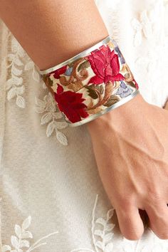 Chandni Ribbon Bracelet - Ten Thousand Villages Contemporary Bracelets, Blossom Bracelet, Chandni Chowk, Ribbon Bracelet, Embroidered Bracelet, Chain Scarf, Embroidered Ribbon, Ribbon Bracelets, Metal Cuff Bracelet