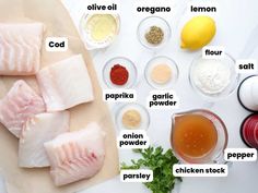 ingredients to make fish fillets laid out on a cutting board