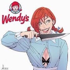 a woman holding a knife in front of her face with the words wendy's on it