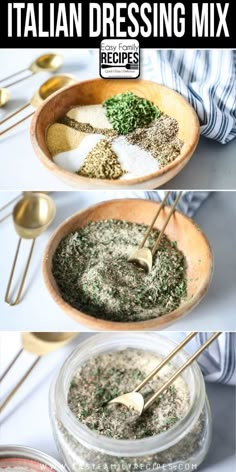 the ingredients for italian dressing mix in bowls