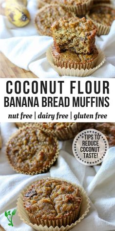 banana bread muffins with text overlay that reads coconut flour banana bread muffins