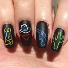 Cowboy Nail Art, Western Nails Acrylic, Country Nail Designs, Rockabilly Nails, Country Acrylic Nails, Rodeo Nails, Summer Nail Art Designs, Cowboy Nails, Nfr Outfits