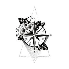 a black and white drawing of a compass with flowers on the front, surrounded by leaves