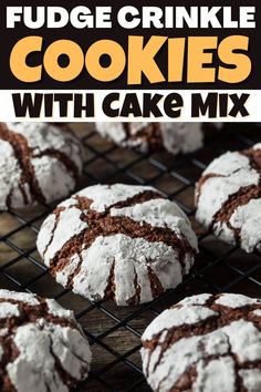 chocolate fudge crinkle cookies with cake mix are cooling on a wire rack