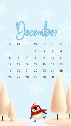 a calendar with a penguin on it and snowflakes in the background, for december