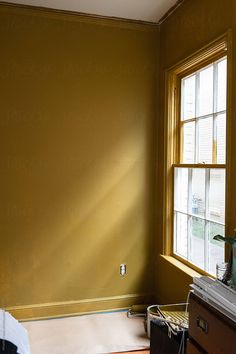 Process photo of room being painted a deep ochre yellow Ocher Walls Living Room, Modern Yellow Bedroom, Ochre Bedroom, Oak Wood Trim, Interior Colors, Yellow Room