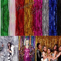 several pictures of women in different colors and styles with streamers hanging from the ceiling