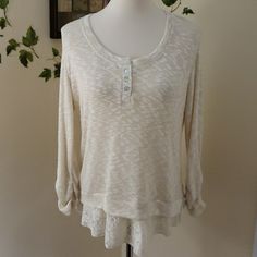 Long Rouched Sleeve Sweater With Lace Trim. 3 Buttons At Front Neckline. Nwot. 53 Poly, 45 Rayon, 2 Spandex Pit To Pit 21" Length 26" Beige Lace Trim Tops For Fall, Casual Beige Blouse For Layering, Fall Lace Trim Top For Day Out, Neutral Tops For Fall Brunch, Cream Stretch Top For Brunch, Stretch Cream Top For Brunch, Casual Neutral Tops For Brunch, Neutral Long Sleeve Tops For Brunch, Sweater With Lace