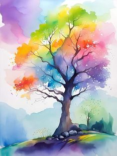 a watercolor painting of a colorful tree