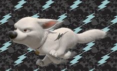 a white dog flying through the air on top of a black and blue background with lightning bolts