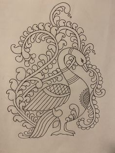 a drawing of a peacock with swirls on it's tail and head in the shape of a heart