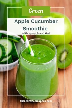 green apple cucumber smoothie with spinach and kiwi in a glass