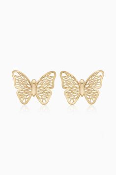 From dinner parties to art shows and everything in between, our Social Butterfly Studs will help you make a shining appearance. Handcrafted in solid gold, these butterflies will offer you feminine glamour and allure. Metal: 14k Yellow Gold Weight: 1.2 Grams Dimensions: 14mm Length, 11mm Width Origin: Crafted in San Zeno, Arezzo, Italy Elegant Butterfly Shaped Filigree Jewelry, Elegant Butterfly Filigree Jewelry, Elegant Pierced Butterfly Jewelry, Elegant Butterfly Earrings For Formal Occasions, Gold Earrings With Butterfly Charm For Party, Gold Butterfly Charm Earrings For Party, Party Earrings With Gold Butterfly Charm, Luxury Gold Butterfly Earrings, Formal Jewelry With Butterfly Clasp