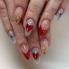 Red White Blue Aura Nails, Edgy Acrylic Nail Designs, Chappel Roan Nails, Chappell Roan Nails, French Nails Silver, Complex Nail Designs, Pepper Nails, Heart French Nails, Blue And Red Nails