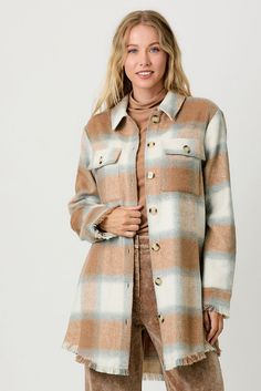 Embrace cozy vibes with this stylish plaid shacket! Perfect for layering, it combines the warmth of a jacket with the ease of a shirt—your new go-to for effortless, trendy looks." Long Plaid Jacket, Button Down Jacket, The Fringe, Plaid Jacket, Midi Maxi Dress