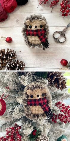 crocheted christmas ornaments are displayed on a table with pine cones and other holiday decorations