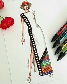 a drawing of a woman in a white dress with a colorful purse on her shoulder