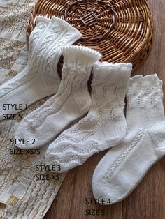 Made in care and quality in mind by me. Hand-knitted lace socks for cold days! Made with sock yarn - they are soft and durable! Made of: 75% wool 25% polyimide   STYLE 1 - size S STYLE 2 - size XS/S STYLE 3 - size XS STYLE 4 - size S Let me know if you are interested in other sizes!  *The price is set for 1 pair.* CARE INSTRUCTIONS: -Hand wash in 30o -Don't use too much detergent -Don't let the garment soak -Don't use fabric softener -Gentle agitation only. Rinse water with special care as the fabric can stretch out of shape. Never wrist but press excess water from the garment. -Dry flat ------------------ QUESTIONS? If you have any questions about this item, just use the Message Seller button below, and I will be happy to help! Please do not hesitate to contact me if you would like some m Comfortable Knitted White Socks, Comfortable White Knitted Socks, White Knitted Socks For Winter, White Knitted Winter Socks, Casual White Knitted Socks, Fitted Knitted White Socks, White Lace Socks, Knitted Lace, Sock Knitting Patterns