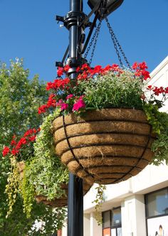 a pole with flowers hanging from it's sides and two lights on each side