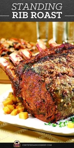 slow roasted standing rib roast on a plate with potatoes