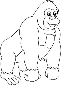 a cartoon gorilla standing with his hands on his hips and looking at the ground, in black and white