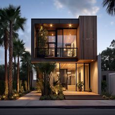 a modern house with lots of windows and palm trees in the front yard at night