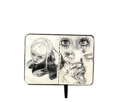 an open notebook with two drawings on the front and back cover, one is black and white