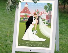 a wedding sign with a bride and groom kissing