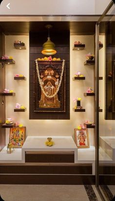 Temple Room In Home, Devudu Room Designs, Pooja Mandir Modern Living Rooms, Pooja Mandir Modern, God Room Designs, Temple Design For Home Modern, Pooja Mandir Modern Home, Pooja Door Design Modern, Mandir Design Puja Room Modern