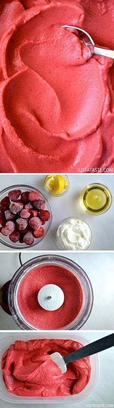 the process to make strawberry jello is shown in three different stages, including mixing and blending