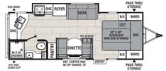 the floor plan for an rv with two beds and one living area, including a kitchen