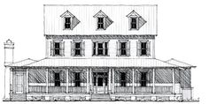 a drawing of a house with three windows and two balconies on the second floor