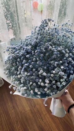 a bouquet of blue flowers sitting on top of a white table next to a window