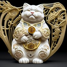 a white and gold cat figurine sitting on top of a black table next to a clock