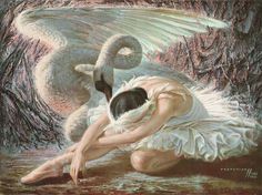 a painting of a woman kneeling next to a swan