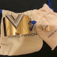 Authentic. Looks Brand New! Hardly Used! Ring Size 7. Gold With A Silver V Initial Designer Gold Cuff Bracelet, Designer Yellow Gold Bracelets For Party, Designer Bangle Jewelry As Fashion Accessory, Luxury Bracelets With Vs Clarity For Formal Events, Designer Cuff Bracelet For Evening, V Bracelet, V Initial, Bracelet And Ring Set, Eva Marcille