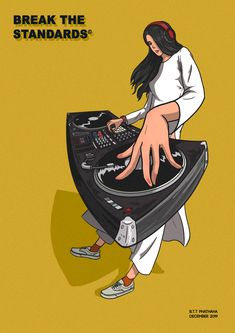 a woman with headphones is playing music on a turntable in front of a yellow background