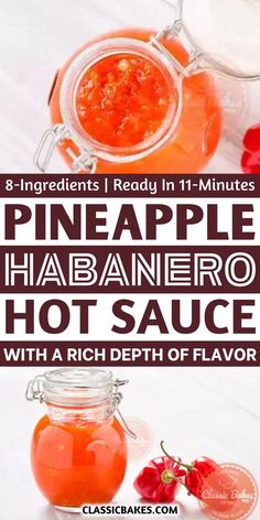 pineapple habanero hot sauce in a glass jar with red peppers on the side