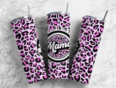 three pink and black leopard print tumblers with the word mom printed on one side